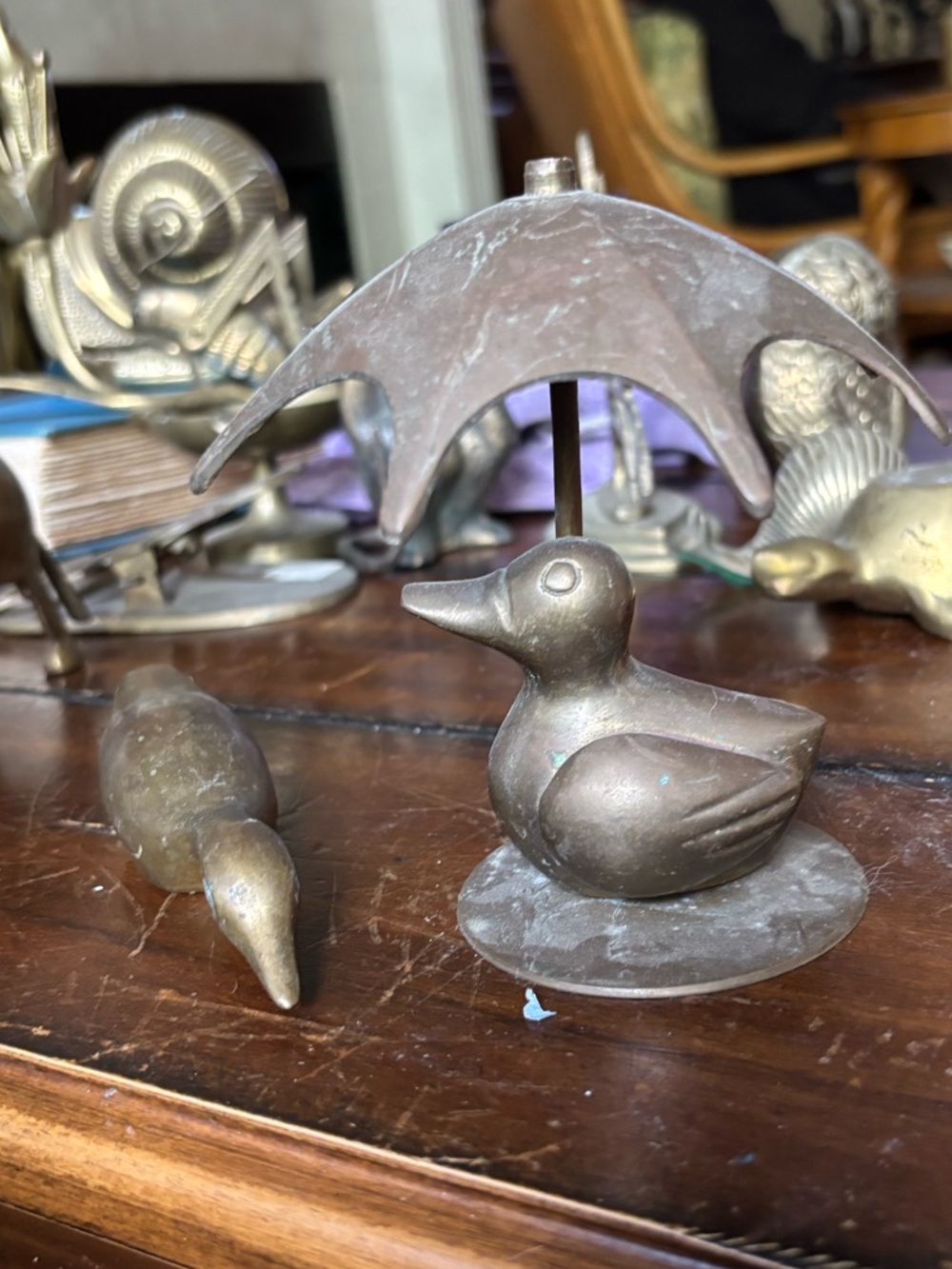 Brass Duck Figurine with Umbrella - Vintage Home Art Accent
